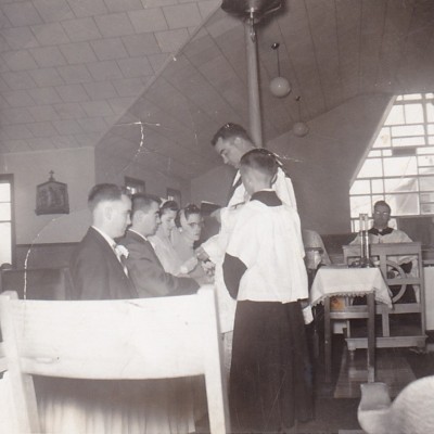 1958 Sept 3 Father James Larkin performs his first marriage ceremony Yvonne & Roland Larkin with Earl & Louise Larkin 