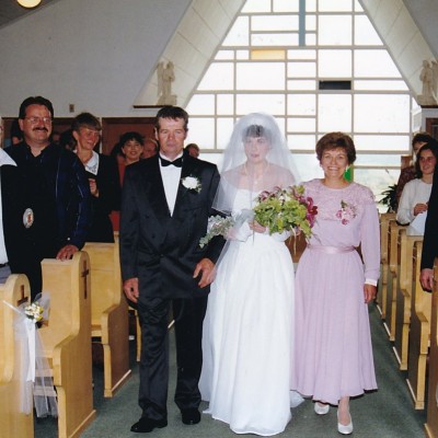 1997 Aug. James and Callie McAleerwalking Tammy up the aisle