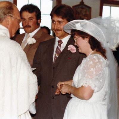 1984, Sept 24 Martin adn Claudette Longuepee, donnie Dorion standing by MArtin adn Father Van DeVan, performing his last wedding before he passed away