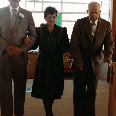 1984 Gerald Doiron walking Eunice and Mike Pineau (Pepe )down the aisle at Claudette's wedding 